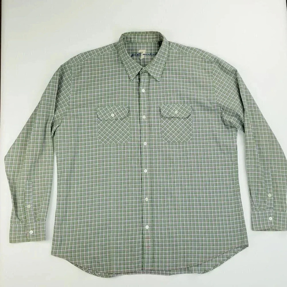 7 For All Mankind XL Men's Logo Tag Green Pink White Trim Check 2 Pockets Shirt - Picture 1 of 8